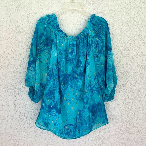 White House Black Market teal on/off the shoulder clip dot lined blouse size XS - Picture 3 of 9